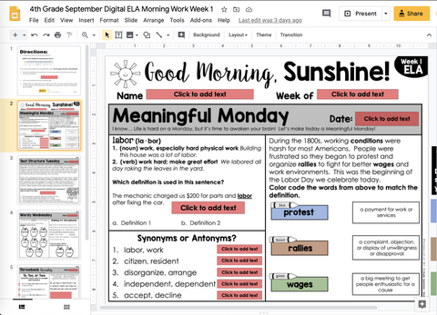 ELA Morning Work 4th Grade {September} | Distance Learning | Google Slides