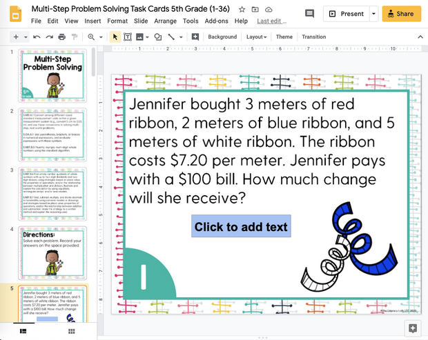 Multi-Step Problem Solving Task Cards (5th Grade) | Distance Learning