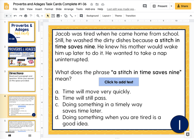 Proverbs and Adages Task Cards L.4.5b & L.5.4b | Distance Learning | Google Slides and Forms