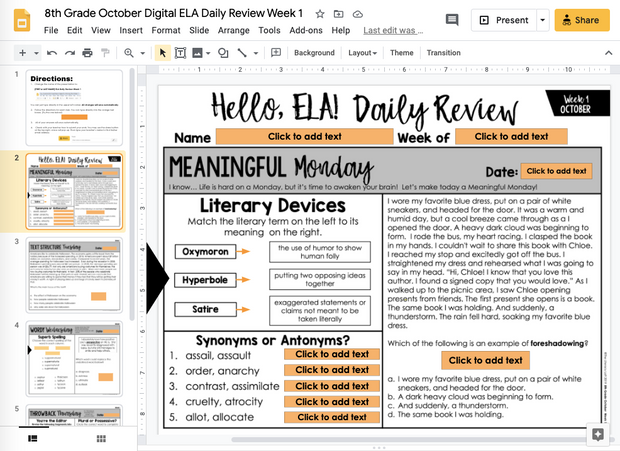 ELA Daily Review 8th Grade {October} | Distance Learning | Google Slides and Forms