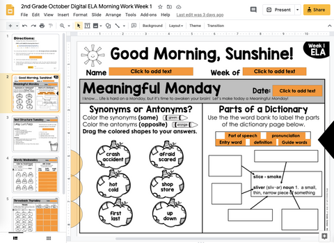 ELA Morning Work 2nd Grade {October} | Distance Learning | Google Slides