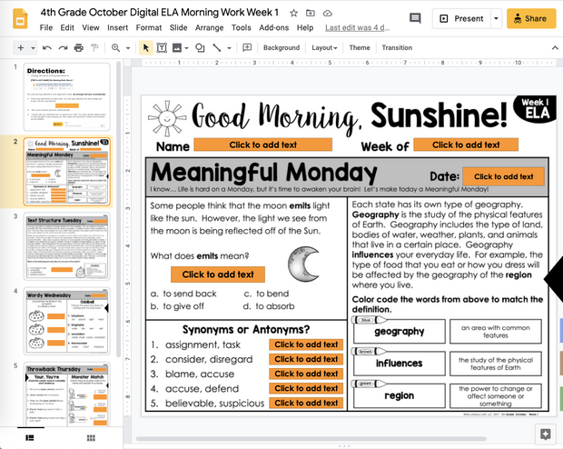 ELA Morning Work 4th Grade {October} | Distance Learning | Google Slides
