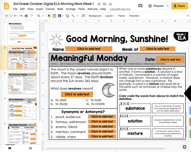 ELA Morning Work 3rd Grade {October} | Distance Learning | Google Slides