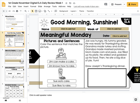 1st Grade ELA Morning Work (November) | Distance Learning | Google Slides