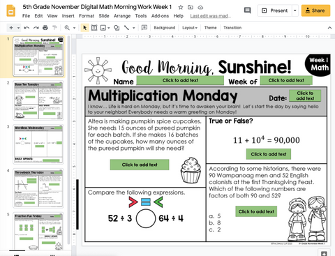 Math Morning Work 5th Grade {November} | Distance Learning | Google Apps