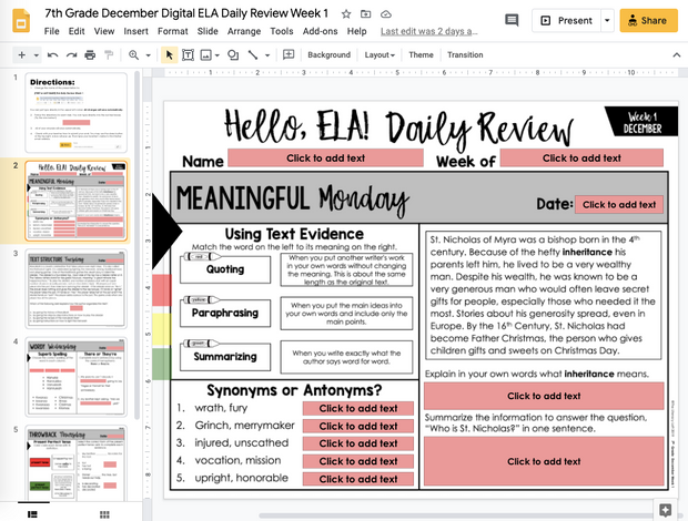 ELA Daily Review 7th Grade {December} I Distance Learning I Google Slides and Forms