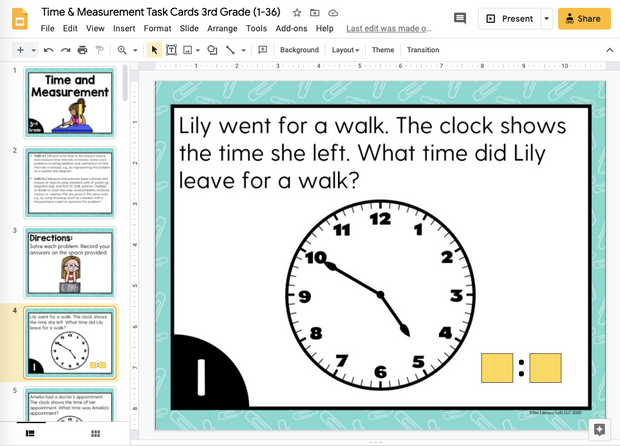 Time and Measurement Math Task Cards (3rd Grade) Google Slides and Forms