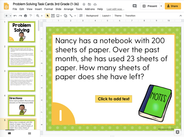 Problem Solving Math Task Cards (3rd Grade) Google Slides and Forms