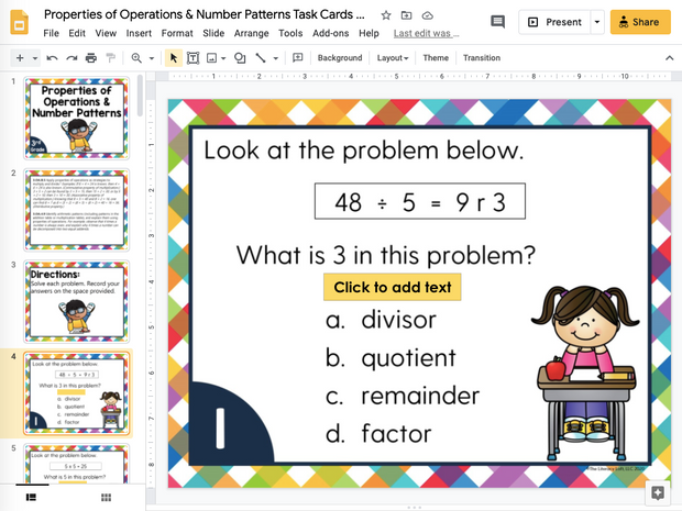 Properties of Operations and Number Patterns Math Task Cards (3rd Grade) Google Slides and Forms