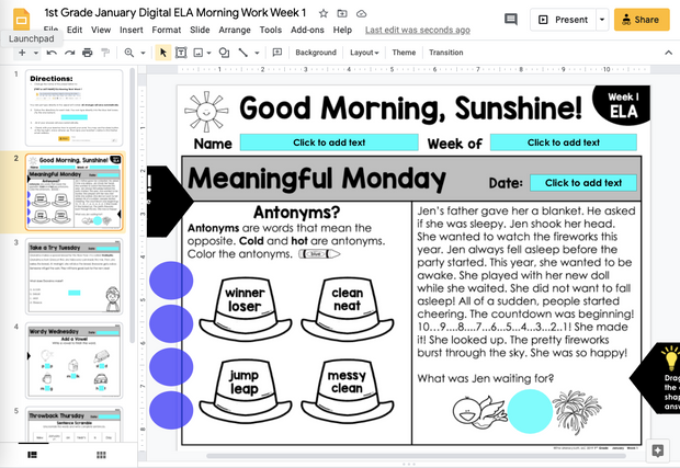 ELA Morning Work 1st Grade  (January) I Distance Learning I Google Slides