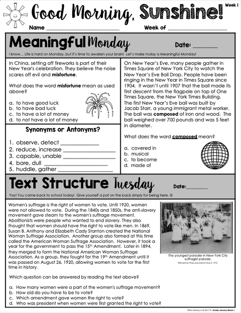 ELA Morning Work 3rd Grade {January} I Distance Learning I Google Slides