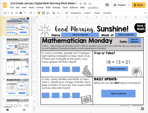 Math Morning Work 2nd Grade {January} I Distance Learning I Google Apps