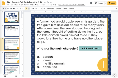 Story Elements Task Cards 3rd Grade | Distance Learning | Google Slides & Forms