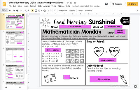 Math Morning Work 2nd Grade {February} I Distance Learning I Google Apps
