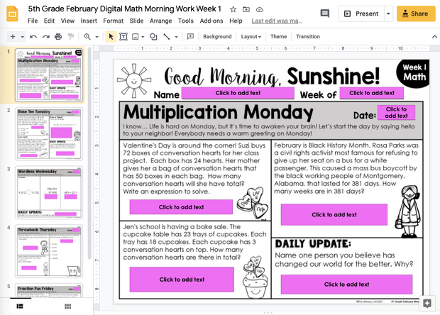 Math Morning Work 5th Grade {February} I Distance Learning I Google Slides
