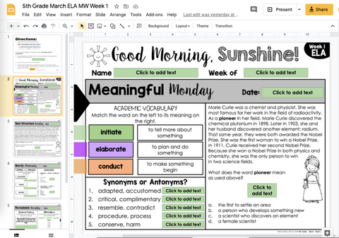 ELA Morning Work 5th Grade {March} | Distance Learning | Google Slides