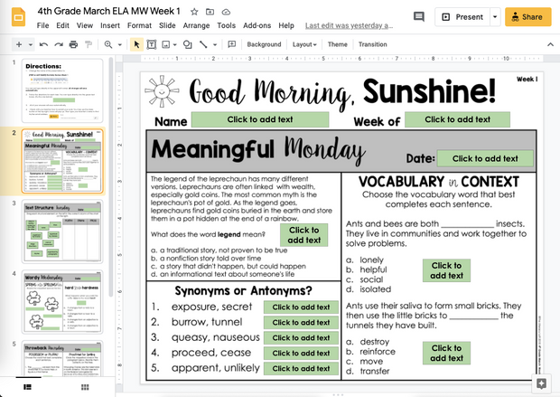 ELA Morning Work 4th Grade {March} | Distance Learning | Google Slides