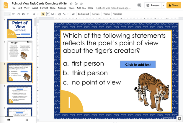Point of View Task Cards 5th Grade | Distance Learning | Google Slides & Forms