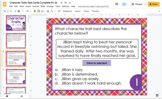Character Traits Task Cards 5th Grade | Distance Learning | Google Slides & Forms