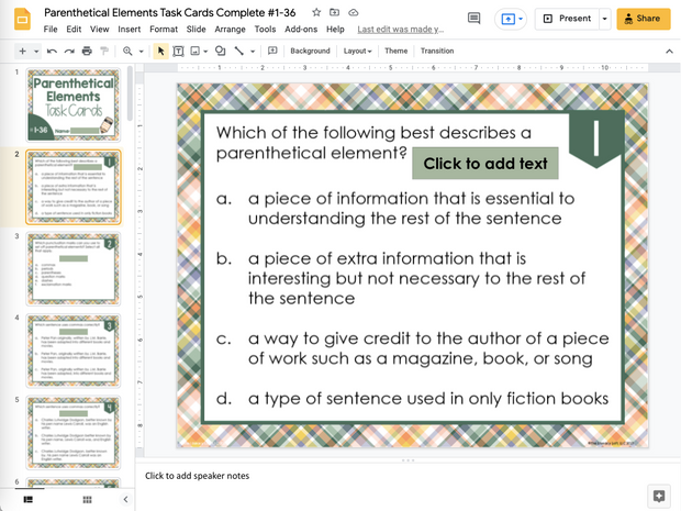 Parenthetical Elements Task Cards 6th Grade I Google Slides and Forms