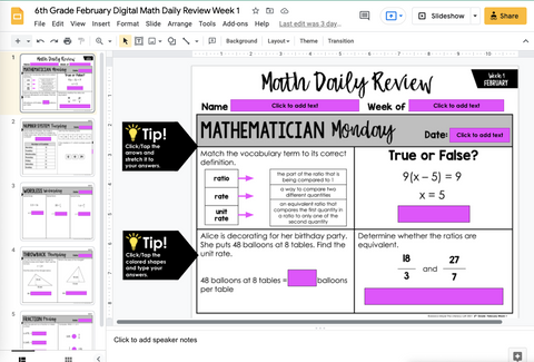 Math Daily Review 6th Grade {February} | Distance Learning | Google Apps