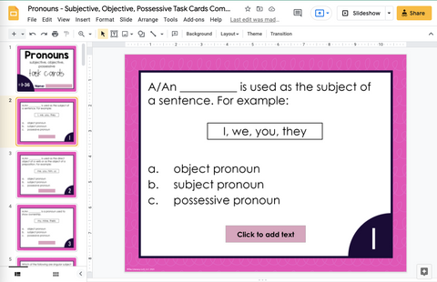 Pronouns: Subjective, Objective, & Possessive Task Cards 6th Grade I Google Apps