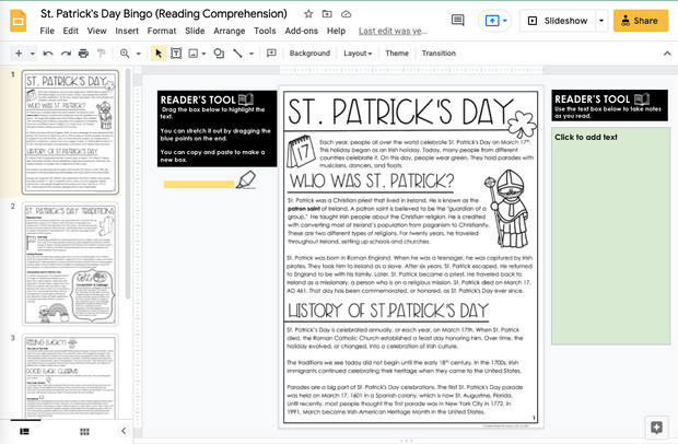 St. Patrick's Day Reading Comprehension Bingo