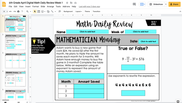 Math Daily Review 6th Grade {April} | Distance Learning | Google Apps