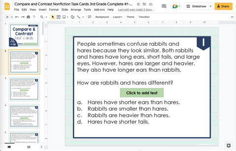 Compare and Contrast (Nonfiction) Task Cards 3rd Grade I Google Slides and Forms