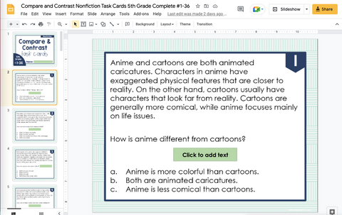Compare and Contrast (Nonfiction) Task Cards 5th Grade I Google Slides and Forms