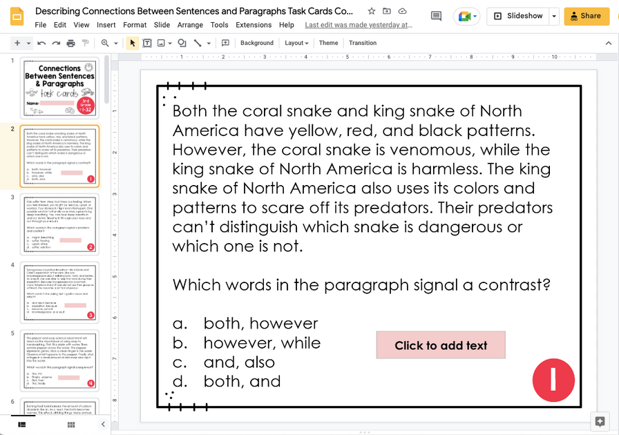Describing Connections Between Sentences and Paragraphs Task Cards 3rd ...