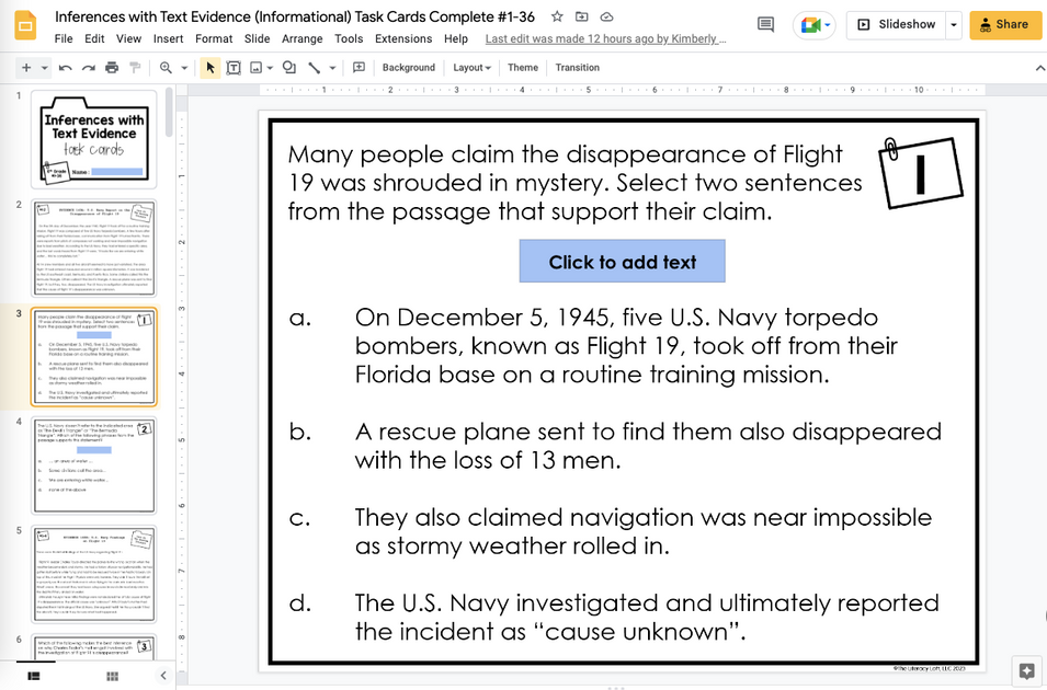 Inferences with Text Evidence Task Cards 6th Grade I Google Apps – The ...