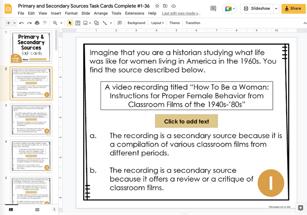 Primary & Secondary Sources Task Cards 6th Grade I Google Apps
