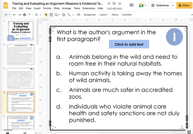 Tracing and Evaluating an Argument (Reasons and Evidence) RI.6.8 Task Cards 6th Grade I Google Apps