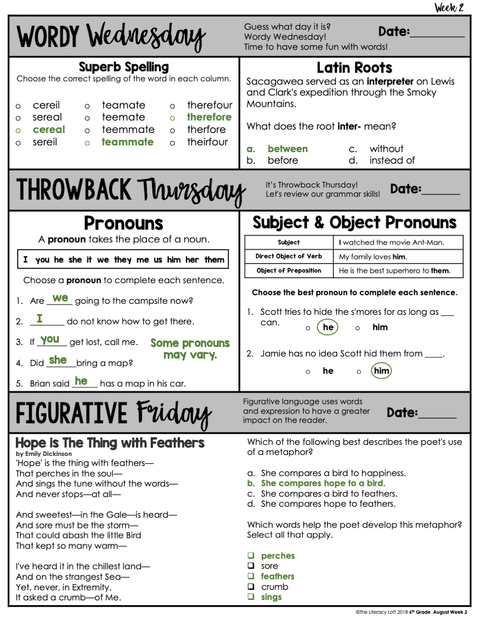 6th Grade ELA Daily Review Editable (No Clipart)