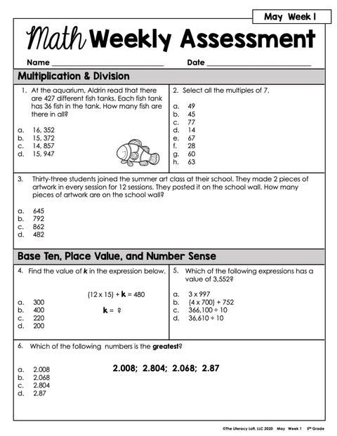 Math Weekly Assessments 5th Grade Printable Google Forms