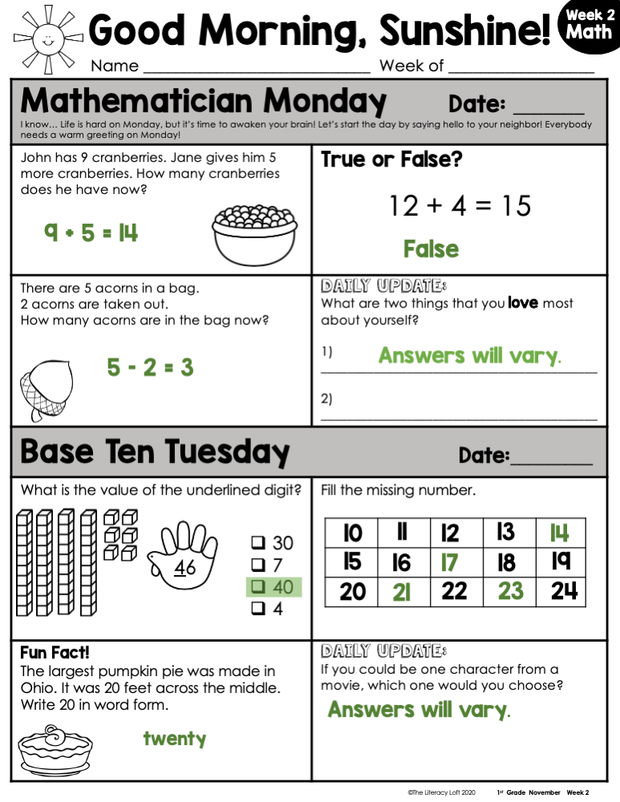 1st Grade Math Morning Work – The Literacy Loft