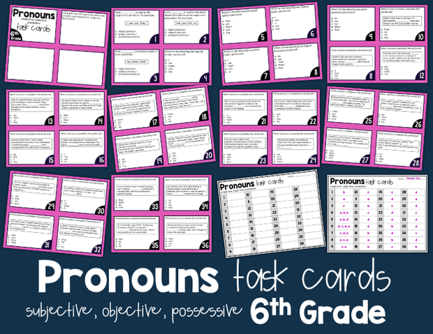 Pronouns: Subjective, Objective, & Possessive Task Cards 6th Grade I Google Apps
