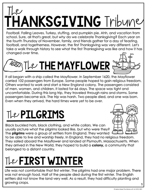 Thanksgiving Reading Comprehension Bingo