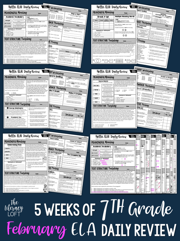 ELA Daily Review 7th Grade {February} I Distance Learning I Google Slides and Forms