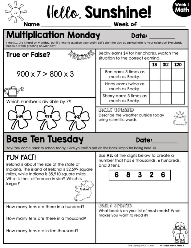 4th Grade Math Morning Work – The Literacy Loft