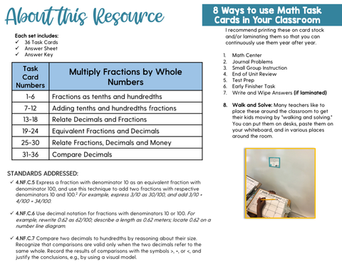 Fractions and Decimals Task Cards (4th Grade) Google Slides and Forms Distance Learning