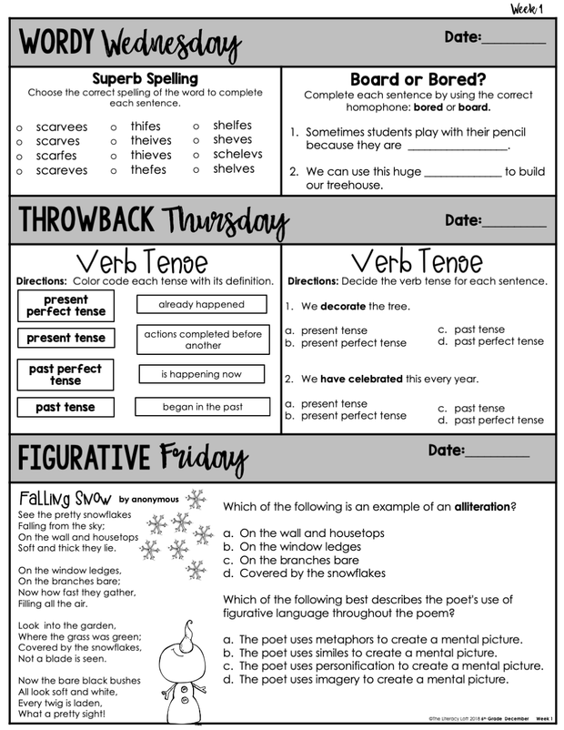 ELA Daily Review 6th Grade {December} I Distance Learning I Google Slides and Forms