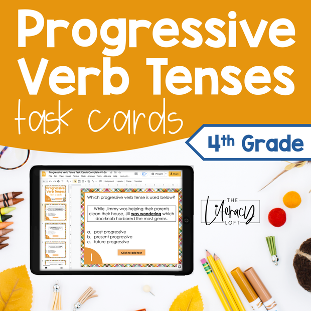 Progressive Verb Tenses Task Cards | Distance Learning | Google Slides & Forms