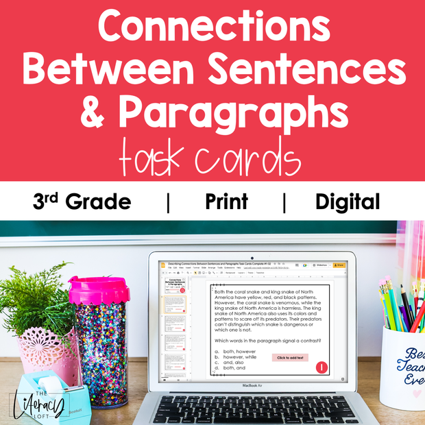 Describing Connections Between Sentences and Paragraphs Task Cards 3rd Grade I Google Slides and Forms